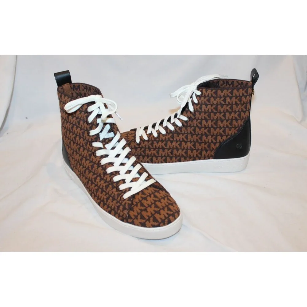 Michael Kors Edie Knit High Top Women's Sneakers Brown MK Monogram Logo sz 9.5